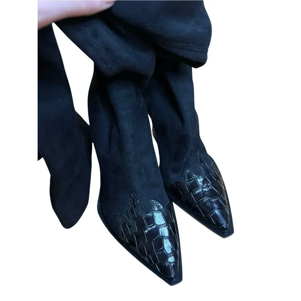 NEW SONORA Over Knee Pasilla Croc-Detail Black Boots 39 US 8 Black Italy $1403